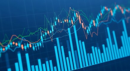 A stock market chart with candlesticks and bar graph, showing financial data and trends in blue hues.