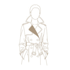 Illustration of a woman in a trench coat isolated on white background the coat is belted and has a doublebreasted closure the woman is faceless and has short hair the style is minimalist