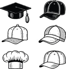 Clean black and white vector illustration of cap icons like 1.eps