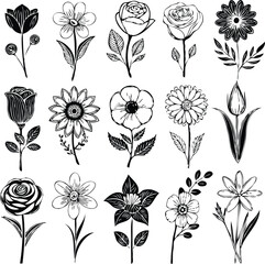 Clean black and white vector illustration of flwer icons like fg.eps