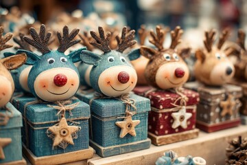 Fototapeta premium A row of cheerful reindeer figurines in festive colors sits atop decorated gift boxes. These charming decorations add a playful touch to a holiday market, perfect for celebrating the season.