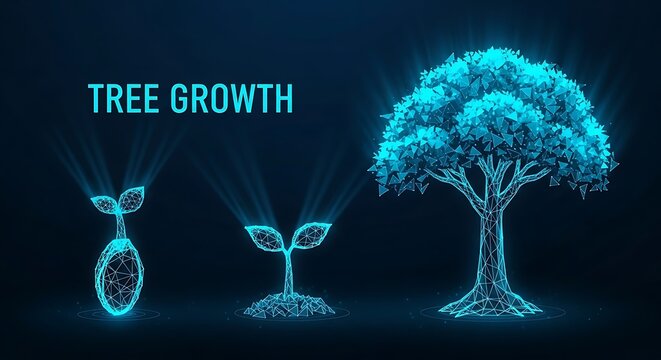 Digital illustration showing the growth stages of a tree, from seed to sapling to mature tree, depicted with blue glowing lines.