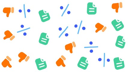 Thumbs down, files, percentages, and division symbols on white background. Suitable for graphic design projects or business presentations.