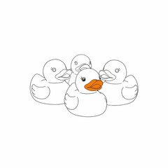 Four rubber ducks, isolated on white background, with one duck having an orange beak, drawn in a minimalist oneline style, creating a simple and elegant design, perfect for children