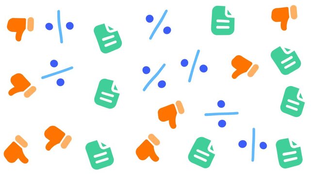 Thumbs down, files, percentages, and division symbols on white background. Suitable for graphic design projects or business presentations.