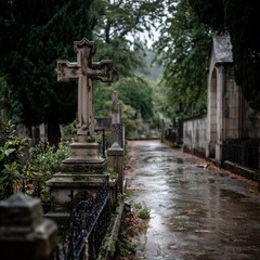 Weathered Stone Cross Monument in a Historic European Cemetery on a Gloomy and Atmospheric Rainy Day