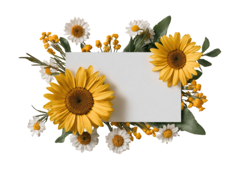 Blank white card surrounded by yellow sunflowers and white daisies