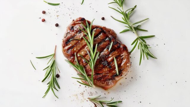 Close-up of a grilled cutlet on white plate, garnished with herbs and spices. High resolution food .