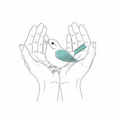 Illustration of a bird in hands isolated on white background, symbolizing care, protection, and the delicate balance of nature in a simple and elegant design