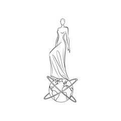 An empowering illustration isolated on white background, featuring a woman standing atop the world, symbolizing global leadership, achievement, and influence in a minimalist style