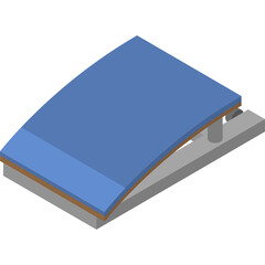 Isometric illustration of a blue trampoline with gray base and brown trim on a transparent background representing outdoor recreation and fitness equipment