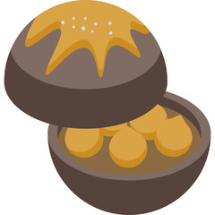 Isometric illustration of a bread bowl filled with roasted potatoes and topped with a golden crust and coarse salt on a transparent background
