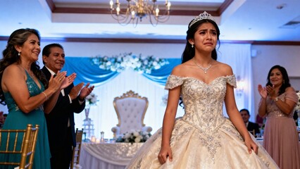 Young Latina woman celebrating quinceañera in elegant ballroom  