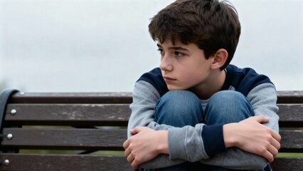 Young boy sitting on bench with knees hugged close outdoors  