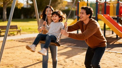 Family playing together on swings at park on sunny day  