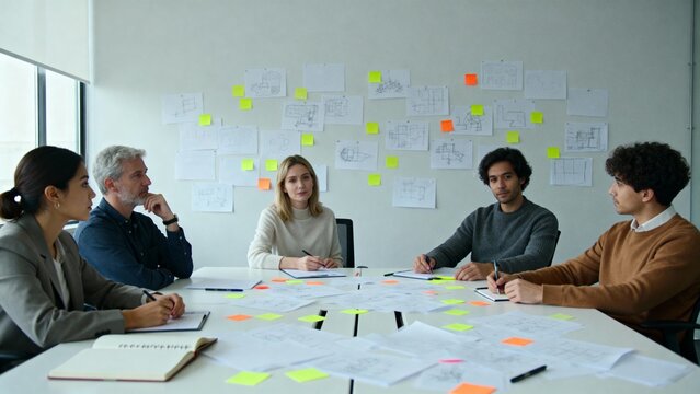 Team brainstorming session in conference room with notes and sketches - Powered by Adobe