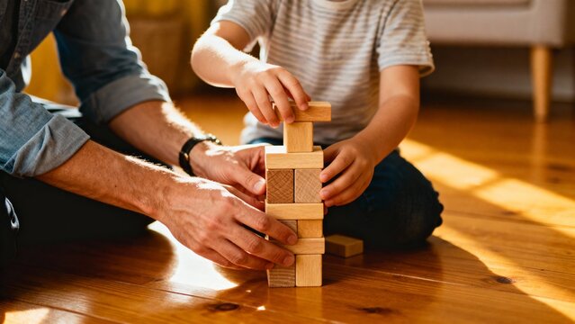 Father and son playing with wooden blocks on living room floor  
