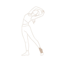 A minimalist line art illustration isolated on white background of a woman in sportswear stretching her back, showcasing flexibility and wellness in a simple and elegant design