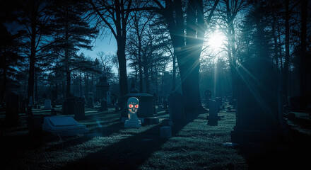 A moonlit cemetery shrouded in shadows, with tombstones casting long silhouettes. A cartoon character peeks from behind a grave, adding a playful tone.