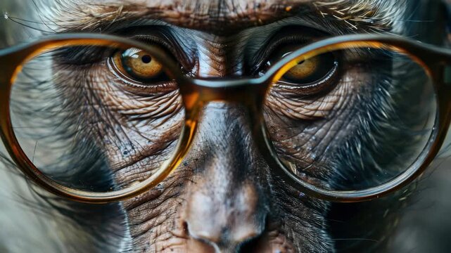 An ape with brown fur, sitting and looking at the camera while wearing round glasses. The glasses give it a scholarly appearance.
