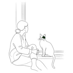 A girl sits on the windowsill with her cat, isolated on white background the girl is looking out the window, and the cat is looking at her the scene is peaceful and serene
