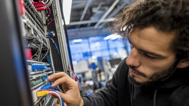Technician configuring routers and switches in an office environment establishing secure network connections with cables and hardware tools.