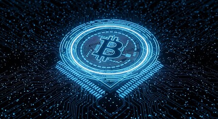 Digital representation of a glowing Bitcoin symbol surrounded by circuit board elements.