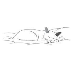 A serene cat sleeping peacefully on a cushion isolated on white background, depicted in a minimalist line art style, conveying tranquility and domestic comfort