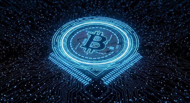 Digital representation of a glowing Bitcoin symbol surrounded by circuit board elements.