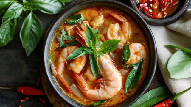 A bowl of shrimp soup with green herbs on top. The soup is garnished with a few pieces of shrimp and a few pieces of green herbs