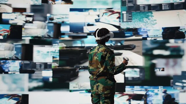 Air defense commander using radar systems and virtual reality tech to detect incoming ballistic missiles. Army soldier in base of operations scanning enemy rockets using VR headset gear, camera A