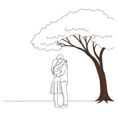 A romantic line art illustration isolated on white background depicts a couple embracing beneath a tree, symbolizing love, connection, and the beauty of shared moments in natures embrace