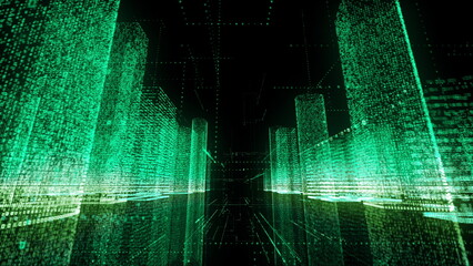 bright neon wireframe of abstract modern digital city center with skyscrapers which consists of green symbols on black background. 3d rendering 4K video.