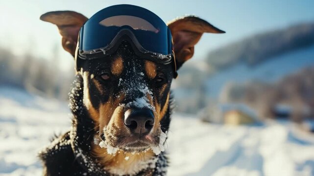 A dog wearing sunglasses standing in the snow with a mountainous background.