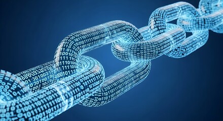 Digital chain illustration with binary code representing interconnected blocks, glowing on blue background.