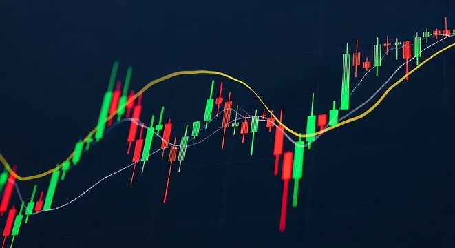 Stock market chart displaying price fluctuations with green and red candlesticks, along with a yellow moving average line.