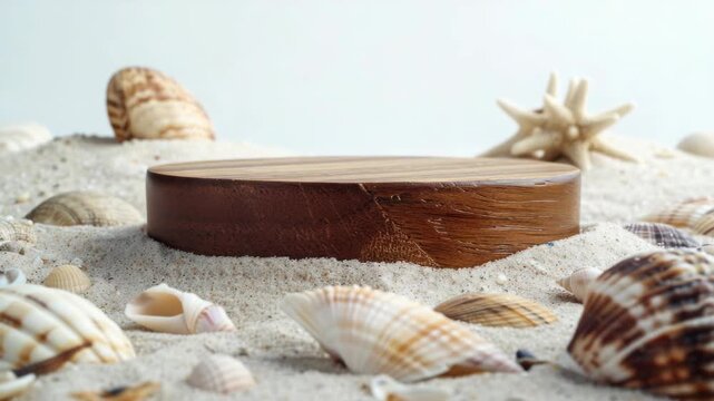 A wooden object surrounded by seashells on a sandy beach. The wooden item appears to be circular and dark brown, possibly aged or naturally stained.