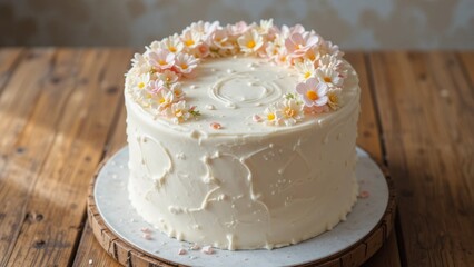 Elegant white buttercream cake adorned with delicate pink and yellow floral decorations, perfect for a wedding, birthday, or special celebration