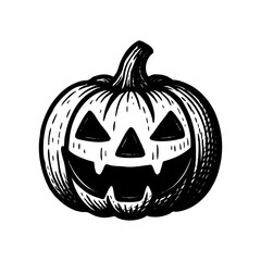 Black and white vintage vector illustration of a Halloween pumpkin, engraved style jack o’lantern with carved face, retro design for spooky seasonal artwork