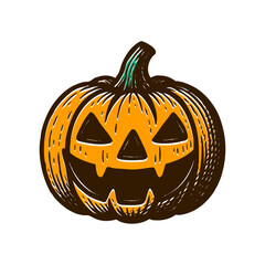 Vintage hand-drawn Halloween pumpkin vector in orange and brown colors, engraved style illustration of jack o’lantern with carved smile and spooky expression