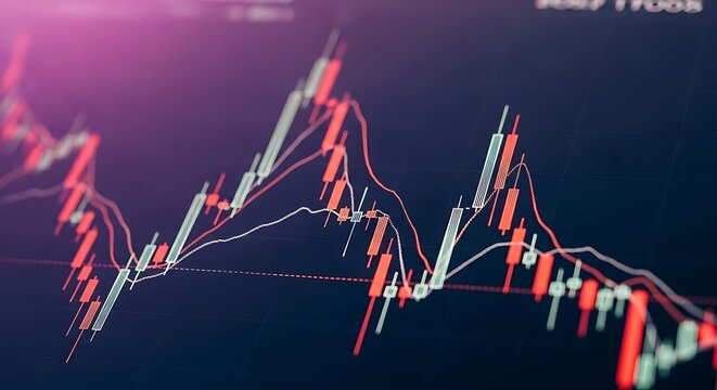 Close-up view of a financial market chart displaying fluctuating trends and data analysis. - Powered by Adobe