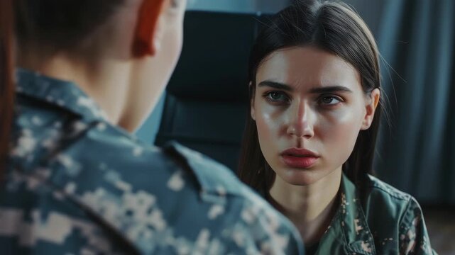 A young woman with a determined expression on her face as she sits in a military setting.
