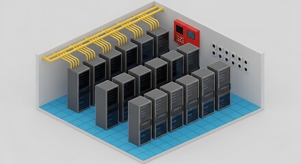 Isometric view of a server room with multiple server racks, cables, and a control panel.