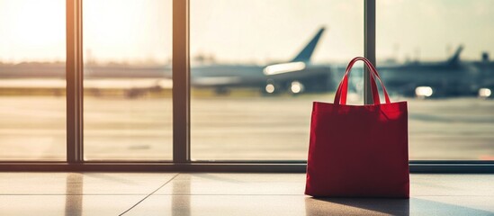 Red Shopping Bag at Airport Terminal Window with Airplane Background