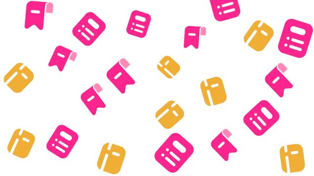 Floating pink books, yellow blocks, and bookmark icons on white background. Perfect for education or bookrelated designs and projects.