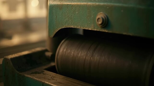 Industrial belt machinery and equipment with textured metal rollers operate smoothly close up, delivering durable performance workshop environment