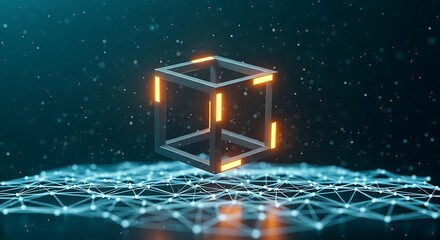 A glowing geometric cube floats over a network of connected dots in a digital space.