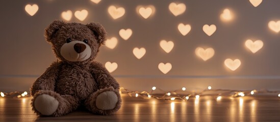Cute Teddy Bear Surrounded by Heart Shaped Lights for Valentine's Day