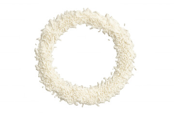 Coconut flour forming an abstract circular frame or wreath for food and baking ingredient designs