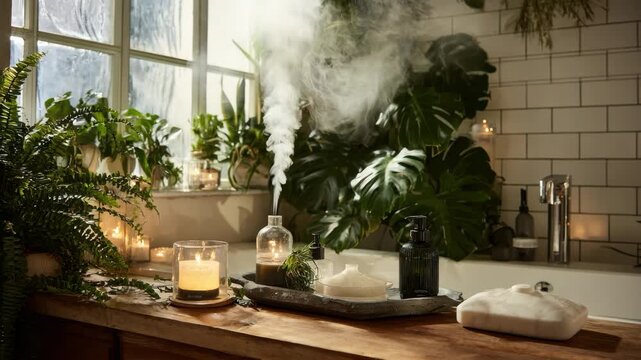 Medium shot showcasing a bathroom infused with aromatherapy elements including essential oil diffusers scented candles and lush greenery enhancing the serene vibe.